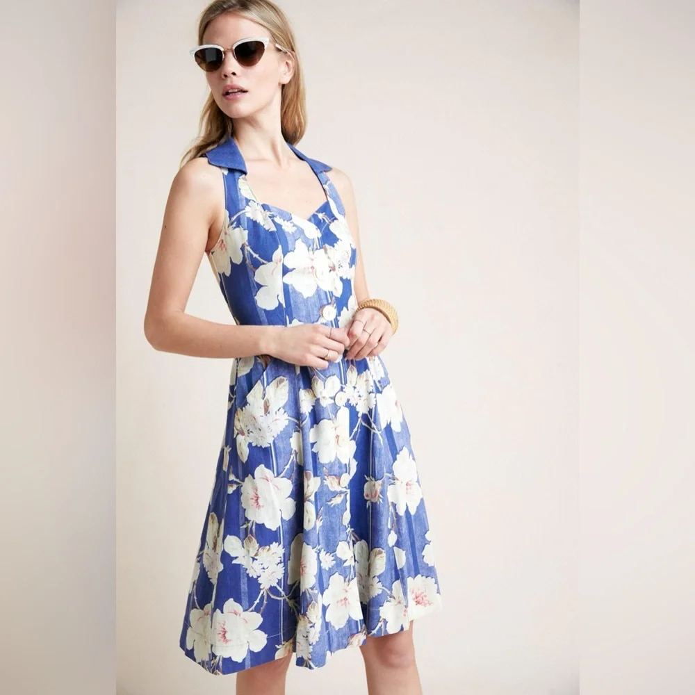 by Anthropologie Camellia Collared Dress in Blue Motif size 6 - Picture 1 of 12